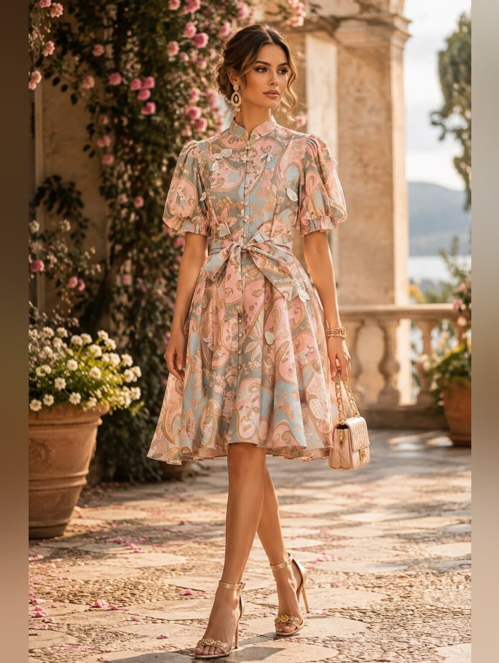 El 16 Made In Italy Linen Blwnd Buttoned Up Belted Puffy Balloons Sleeves Dress